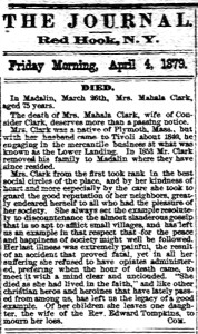 Obituary of Mrs. Mahala Clarke, this girl's mother